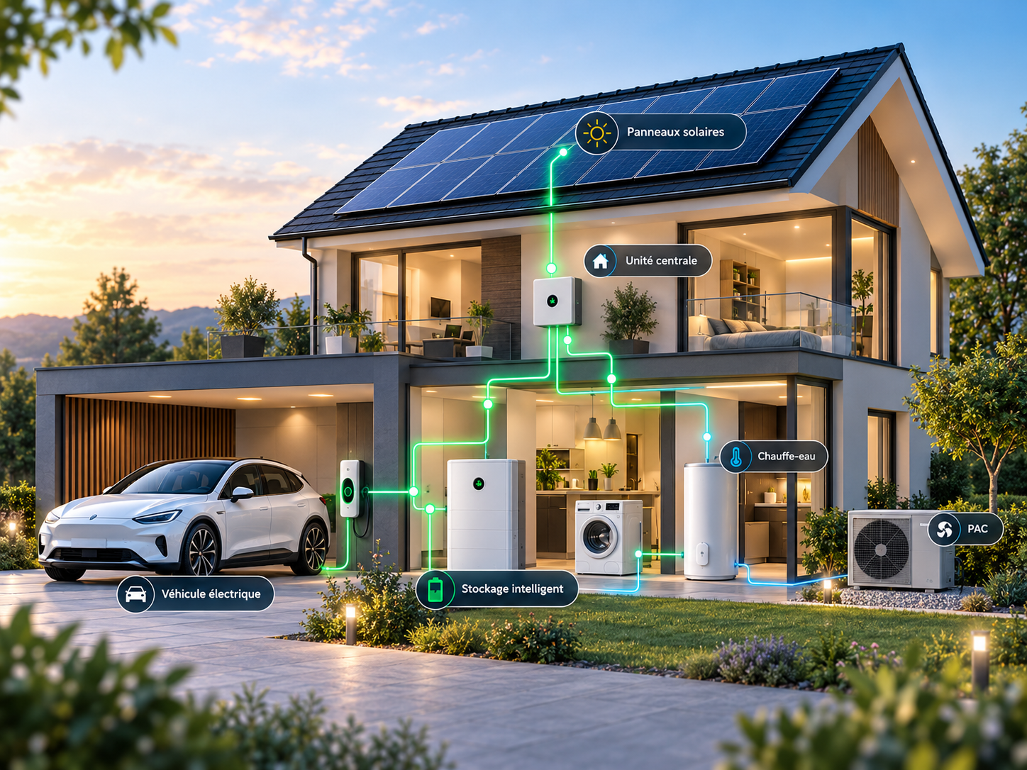 Maison moderne avec panneaux solaires, batterie, véhicule électrique, chauffe-eau et pompe à chaleur reliés par Energy Core.